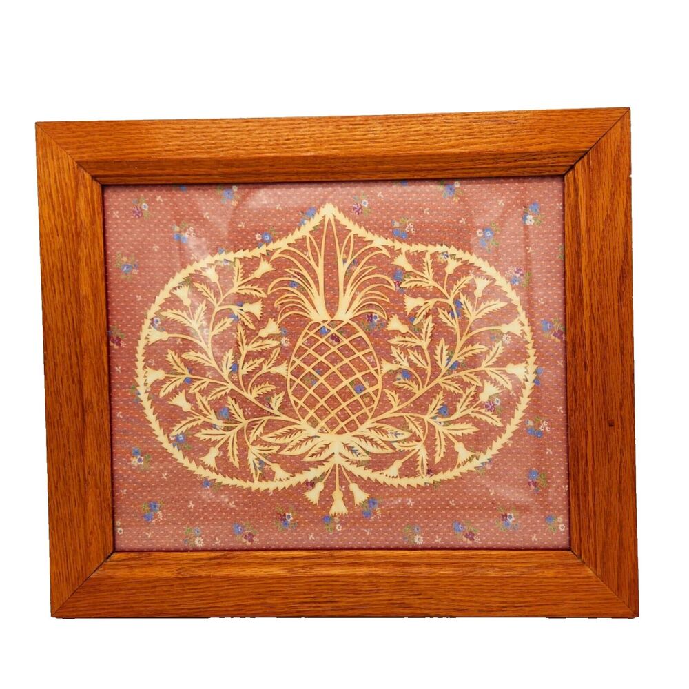 Scherenschnitte Williamsburg Pineapple Framed Folk Art Scissor Cut 12"x15" 1987